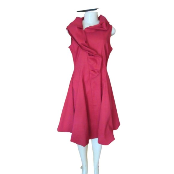 Samuel Dong Red Bubble Dress W/ Asymmetrical Ruffle Collar & Sleeveless Fit Medi - Picture 3 of 10